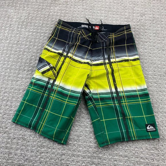 QUIKSILVER Swim Trunks Men 30 Gray Yellow Green Plaid Bathing Suit Board Shorts - Picture 1 of 16